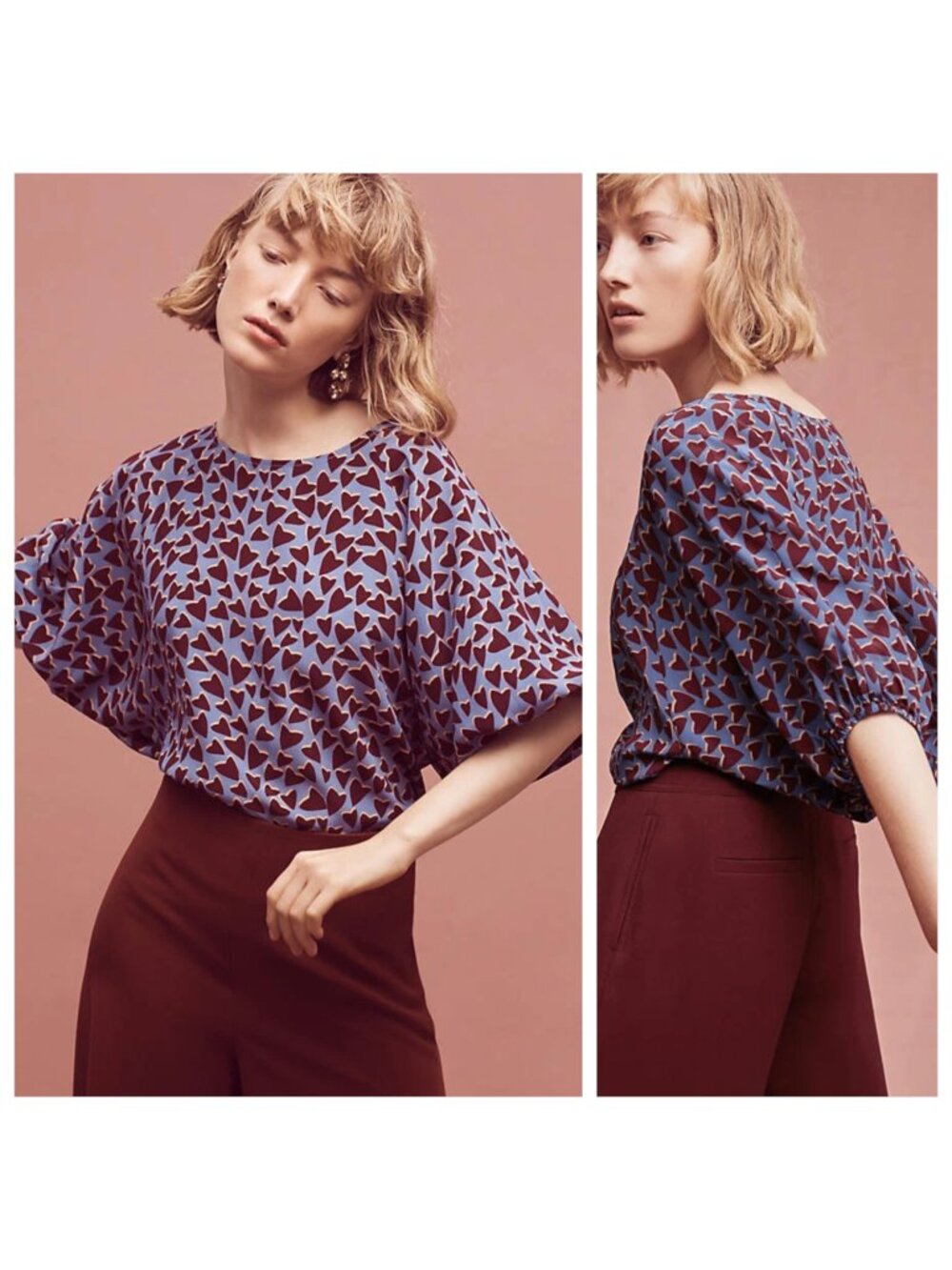 Maeve Anthropologie Silk Kimono Blouse 3/4 Sleeve Hearts Print Blue Red Size L